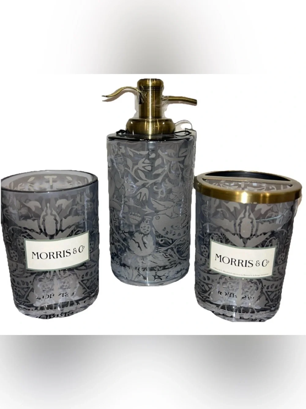 Morris & Co Strawberry Thief Tumbler Soap Pump Toothbrush Holder Etched Blue 3pc